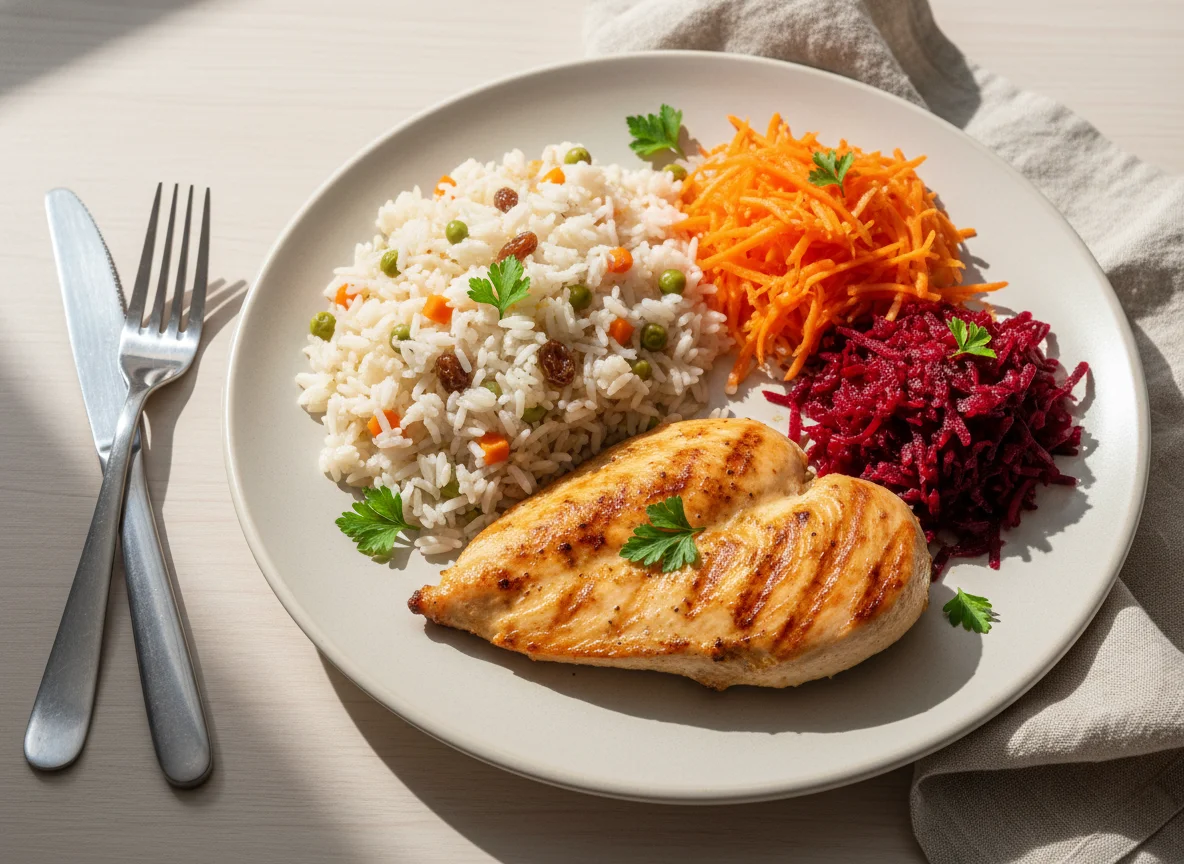 Prato feito com frango grelhado, arroz à grega, cenoura e beterraba raladas photo