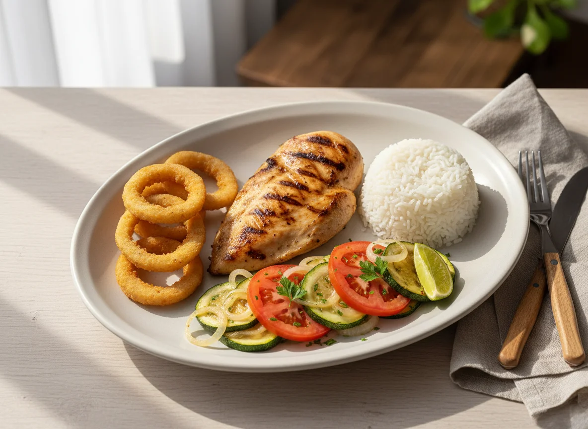 Prato feito com frango grelhado, arroz, anéis de cebola e salada photo