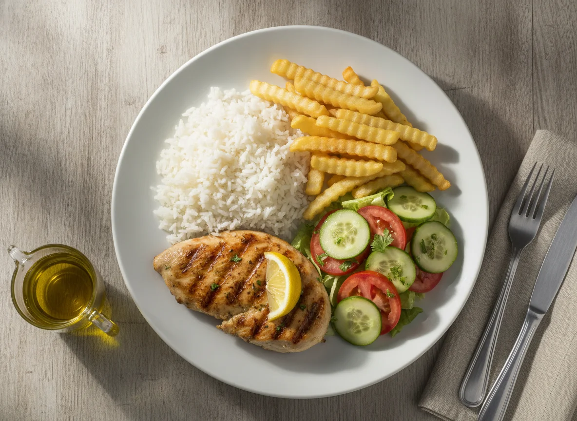 Prato feito com frango grelhado, arroz, batata frita e salada photo