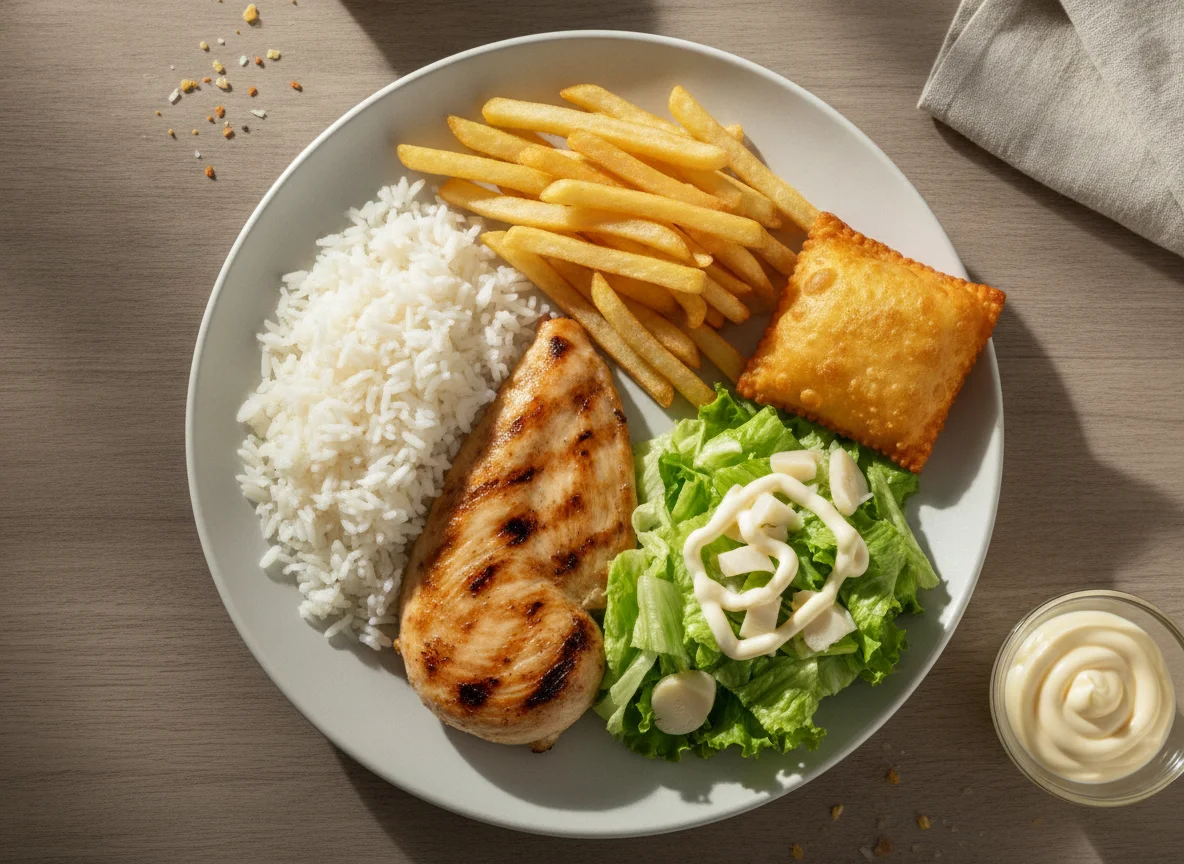 Prato Feito com Frango Grelhado, Arroz, Batata Frita, Pastel e Salada photo