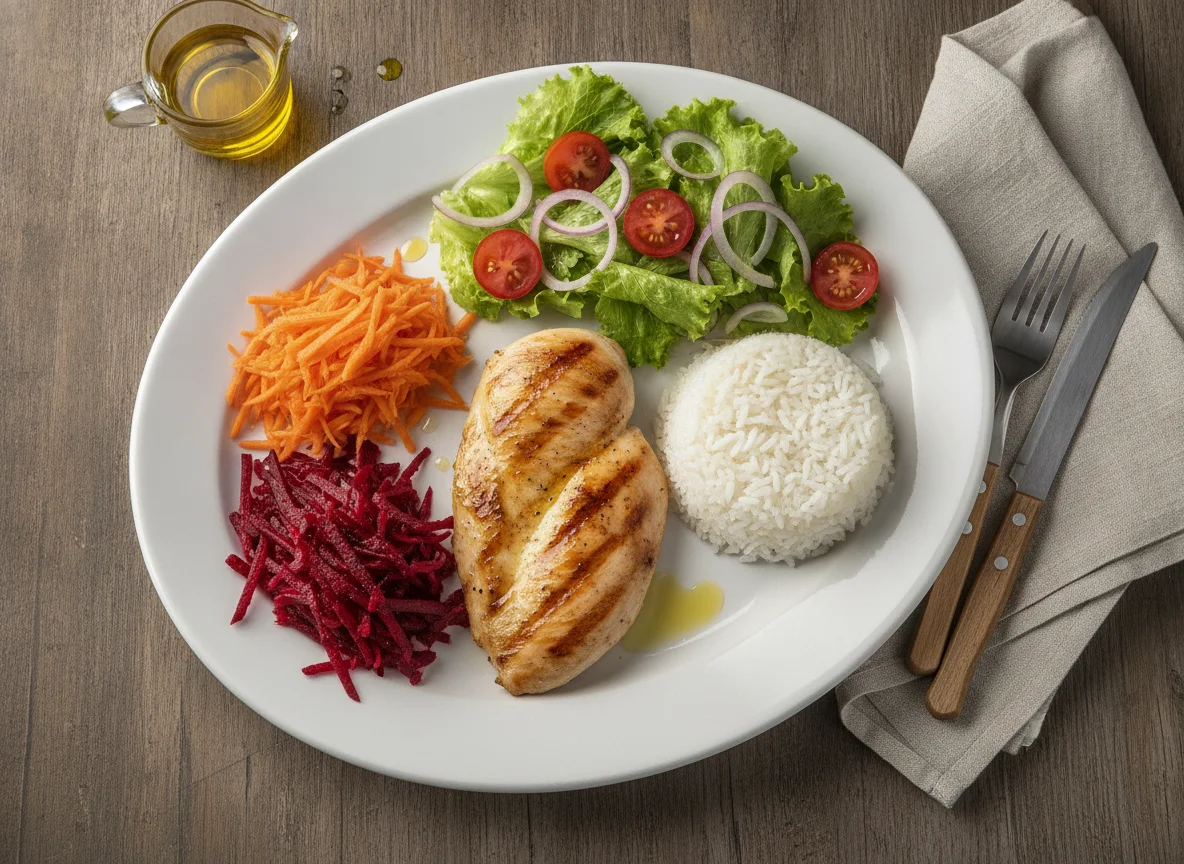 Prato feito com frango grelhado, arroz, beterraba, cenoura e salada photo
