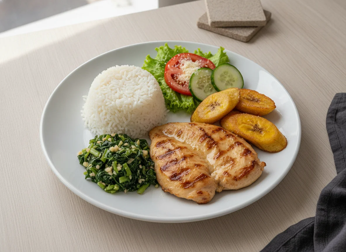 Prato feito com frango grelhado, arroz, couve e salada photo