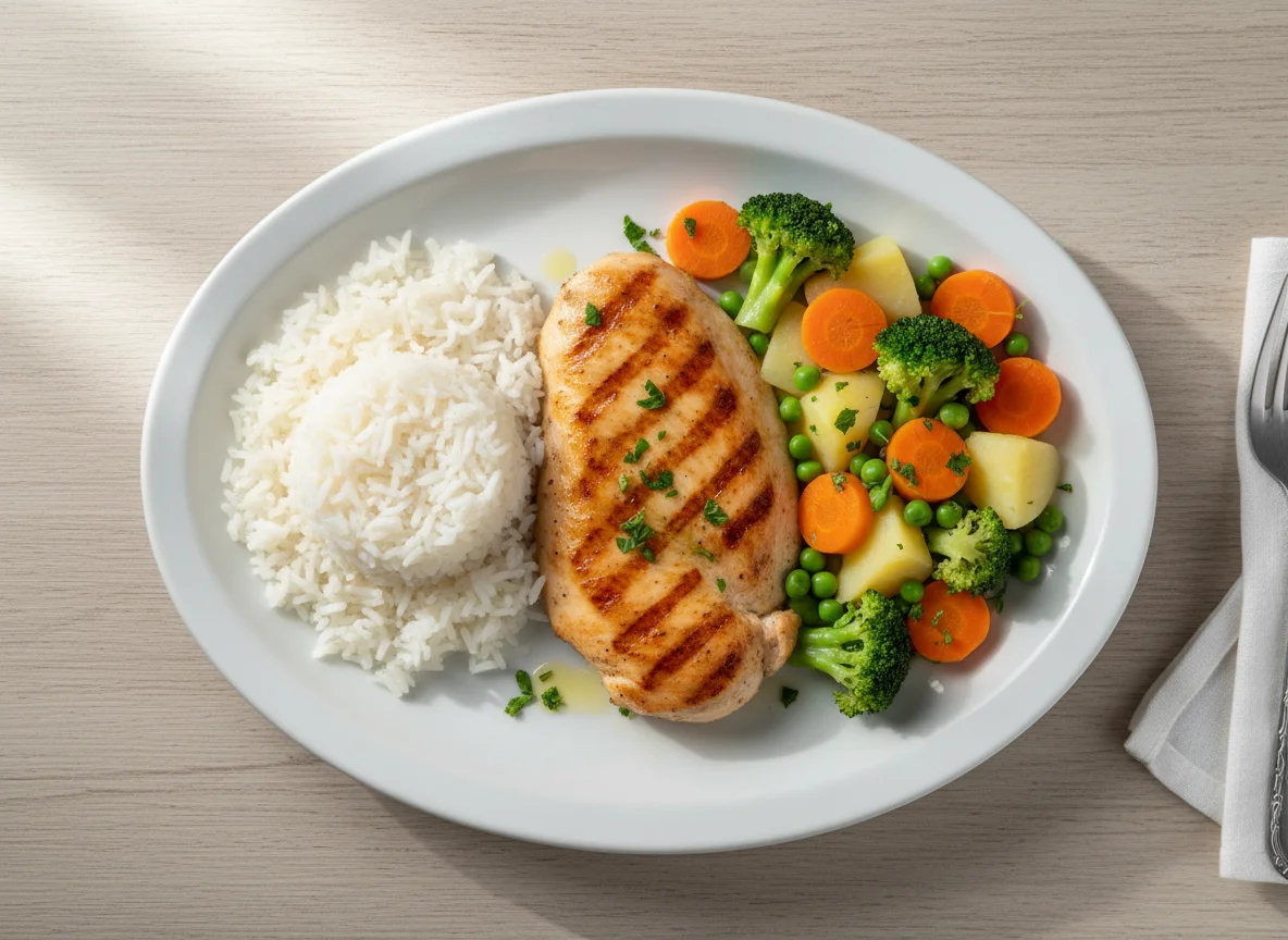 Prato feito com frango grelhado, arroz e legumes photo