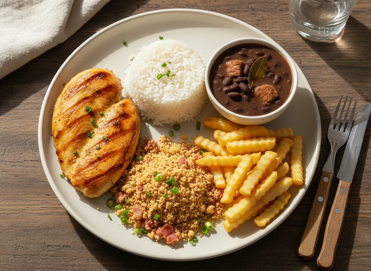 Prato feito com frango grelhado, arroz, farofa, batata frita e feijão photo