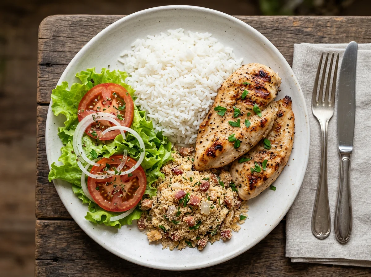 Prato feito com frango grelhado, arroz, farofa e salada photo