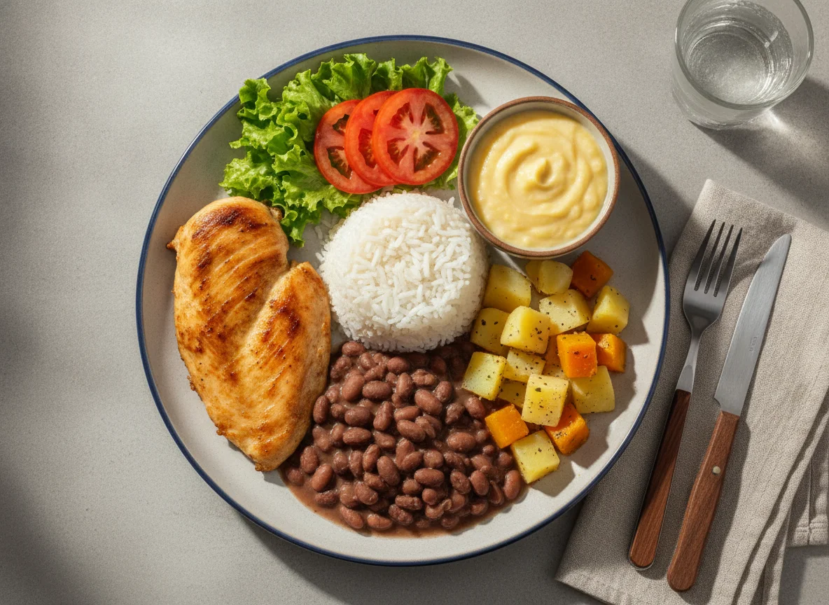 Prato Feito com Frango Grelhado, Arroz, Feijão, Batata e Creme de Milho photo