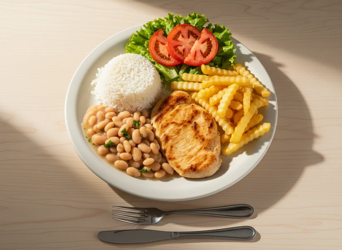 Prato feito com frango grelhado, arroz, feijão, batata frita e salada photo