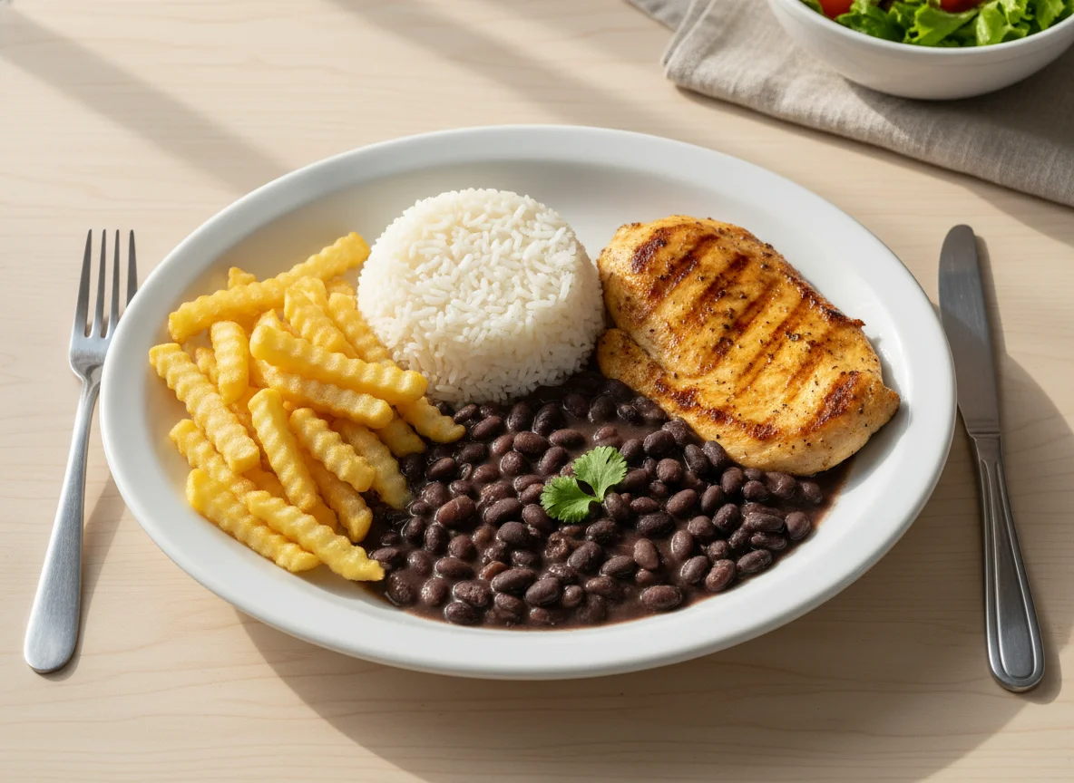 Prato feito com frango grelhado, arroz, feijão e batata frita photo