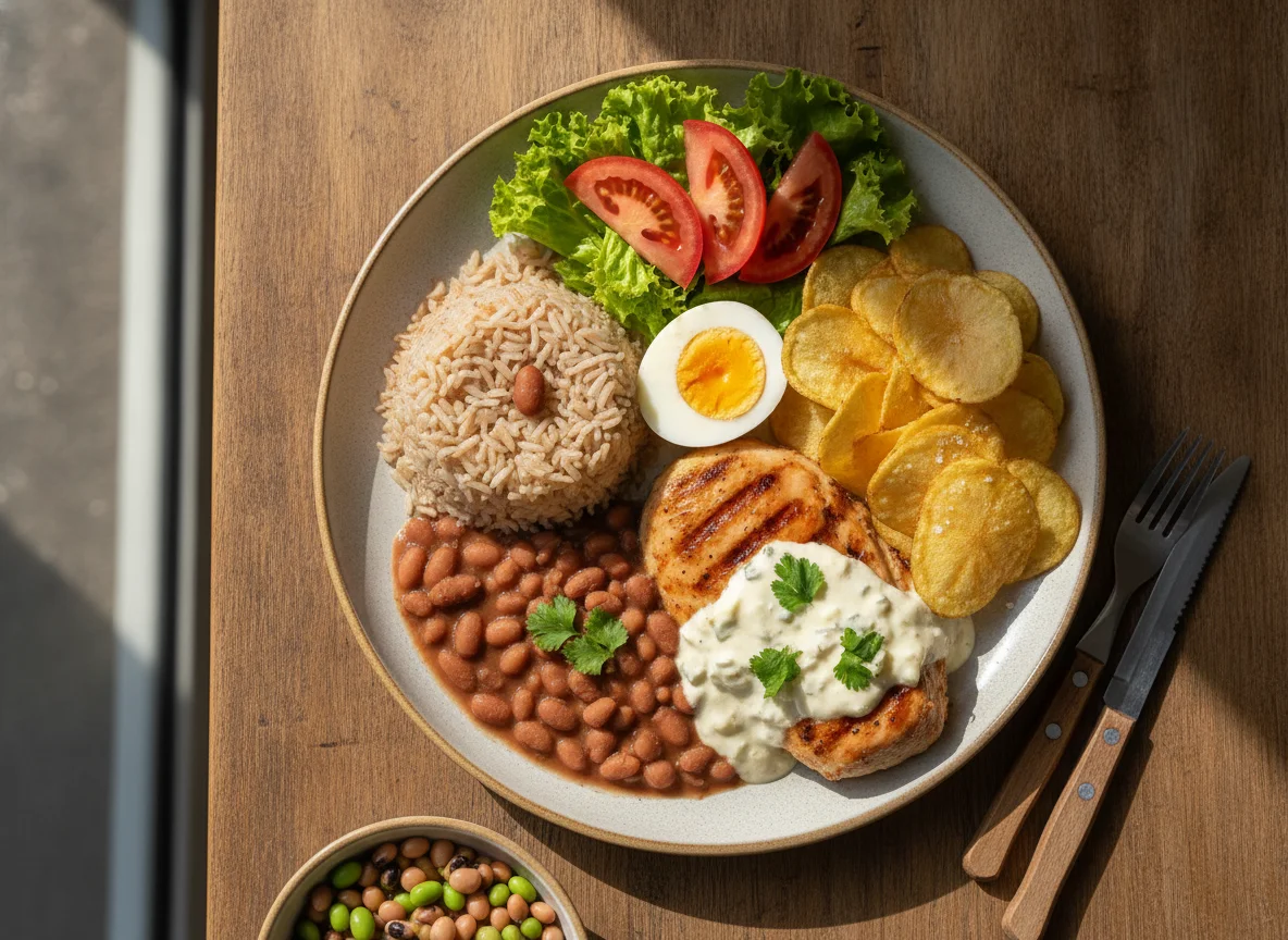 Prato Feito com Frango Grelhado, Arroz, Feijão e Batata Chips photo