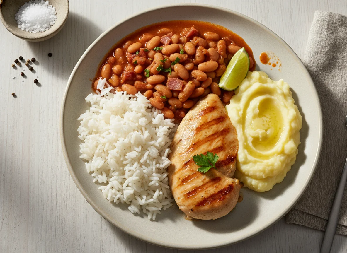 Prato feito com frango grelhado, arroz, feijão e purê de batata photo