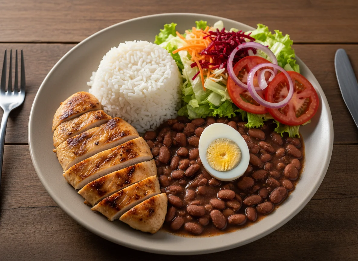 Prato feito com frango grelhado, arroz, feijão e salada photo