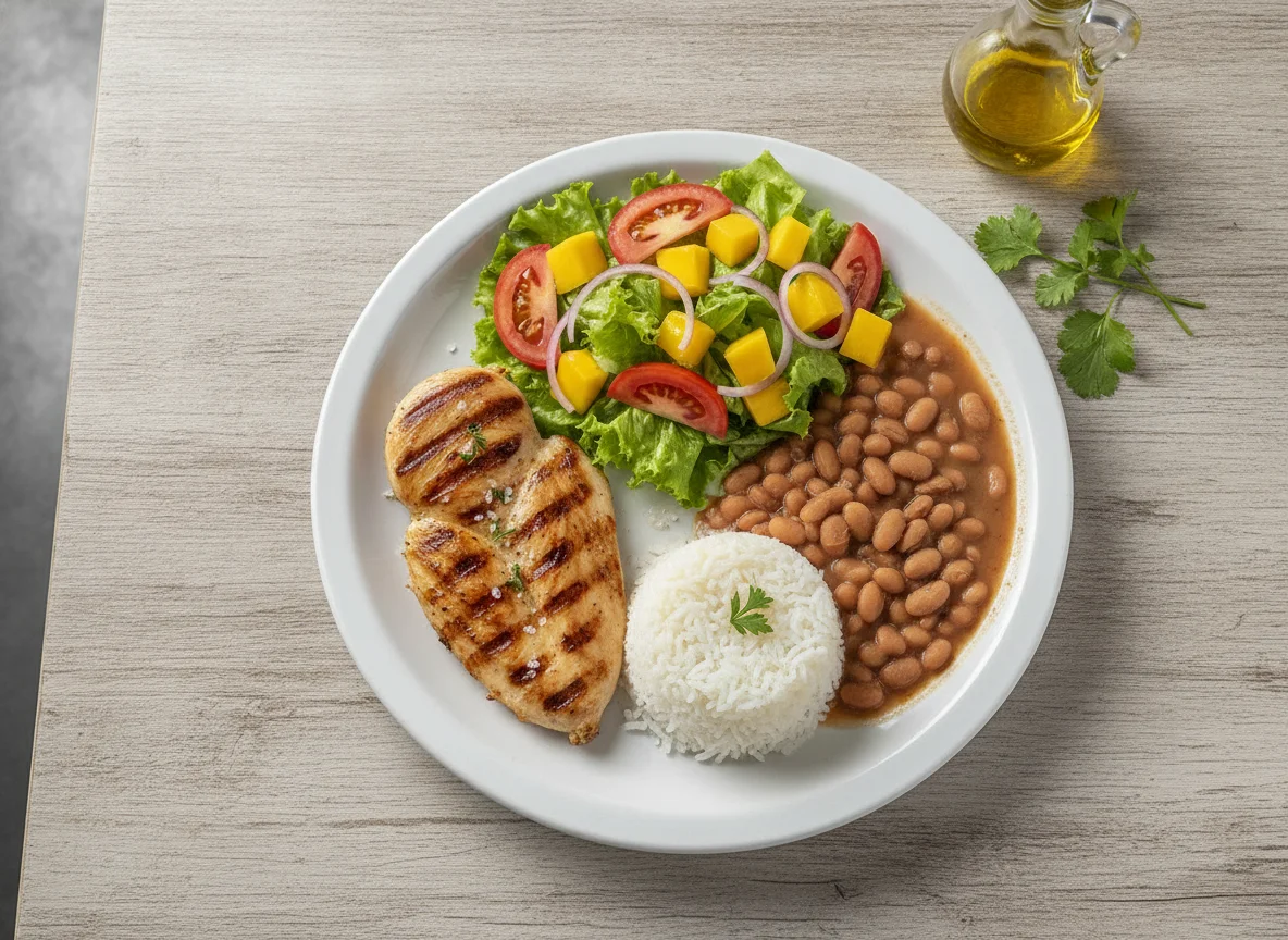 Prato Feito com Frango Grelhado, Arroz, Feijão e Salada de Manga photo