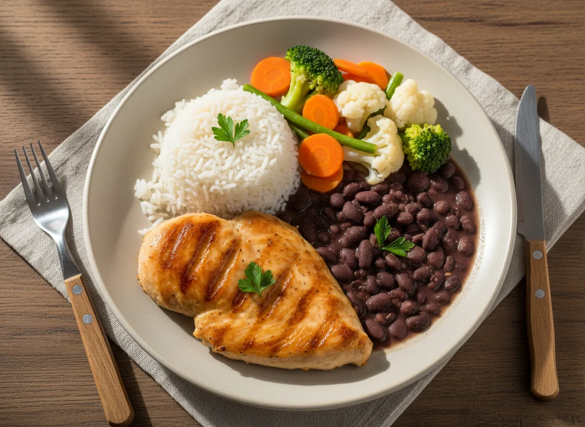 Prato feito com frango grelhado, arroz, feijão e vegetais photo