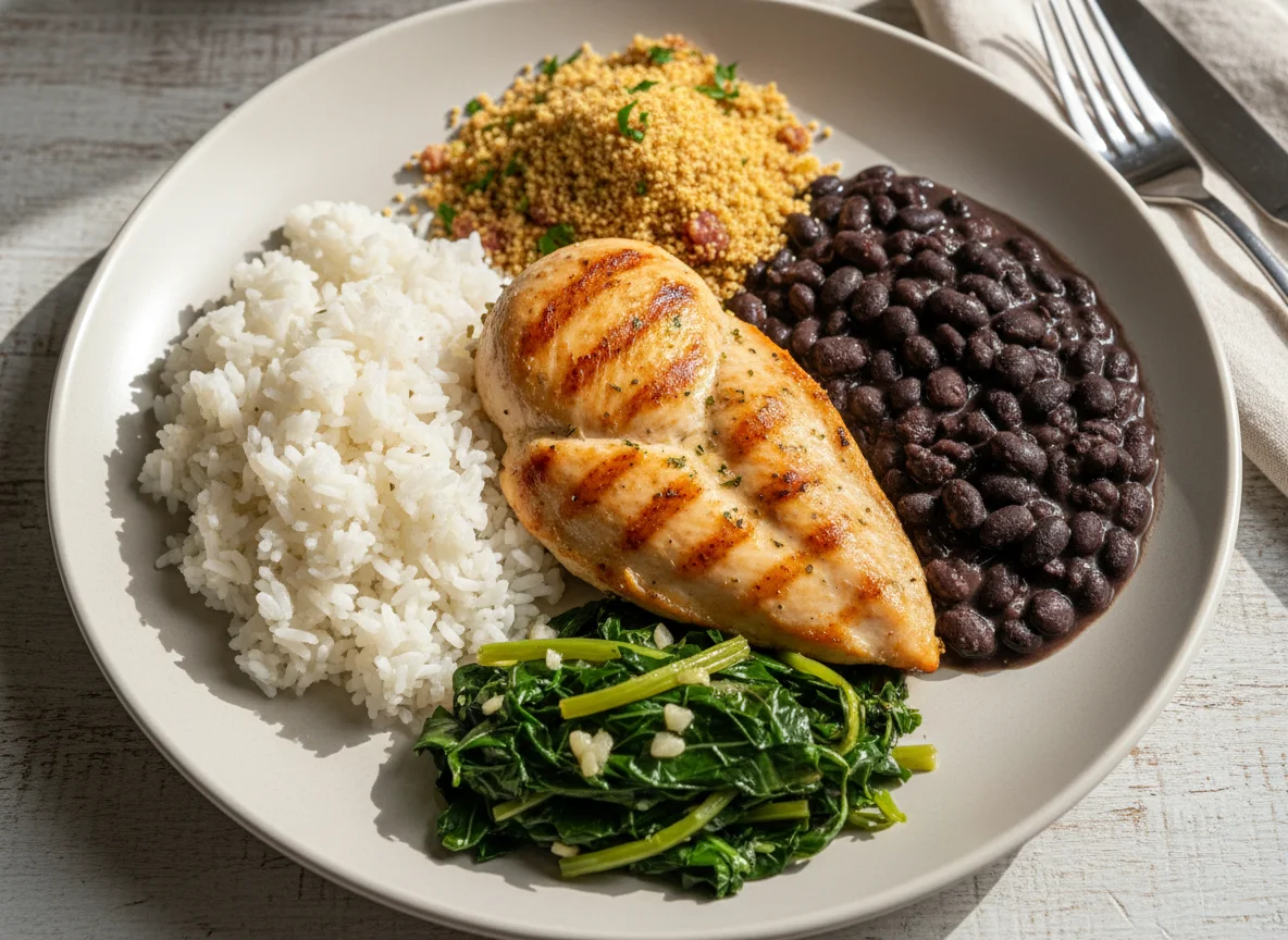 Prato feito com frango grelhado, arroz, feijão, farofa e couve refogada photo