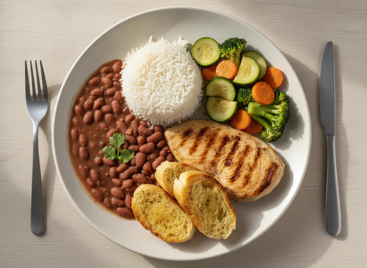 Prato feito com frango grelhado, arroz, feijão, legumes e pão de alho photo