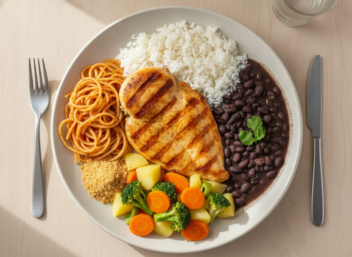 Prato feito com frango grelhado, arroz, feijão, macarrão e legumes photo