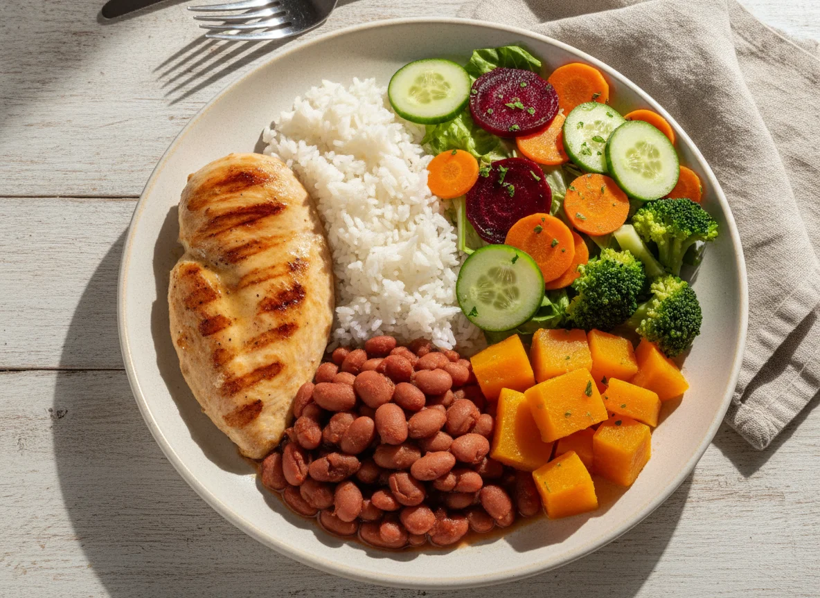 Prato feito com frango grelhado, arroz, feijão, moranga e salada mista photo