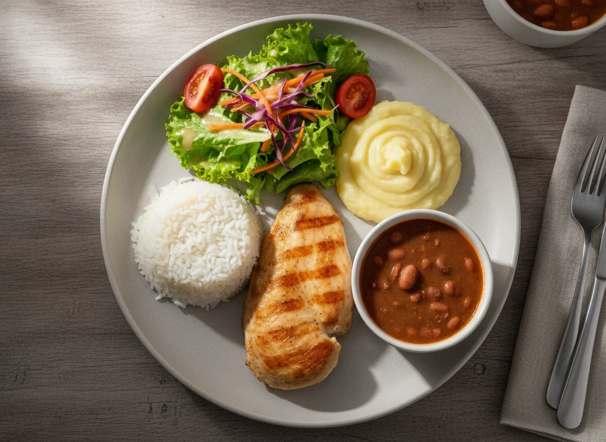 Prato Feito com Frango Grelhado, Arroz, Feijão, Purê de Batata e Salada photo