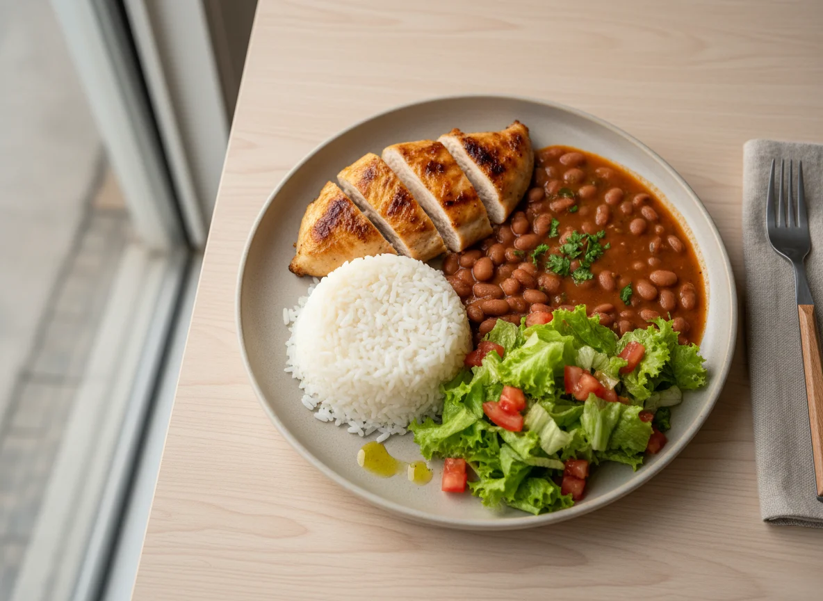 Prato feito com frango grelhado, arroz, feijão, salada de alface e tomate photo