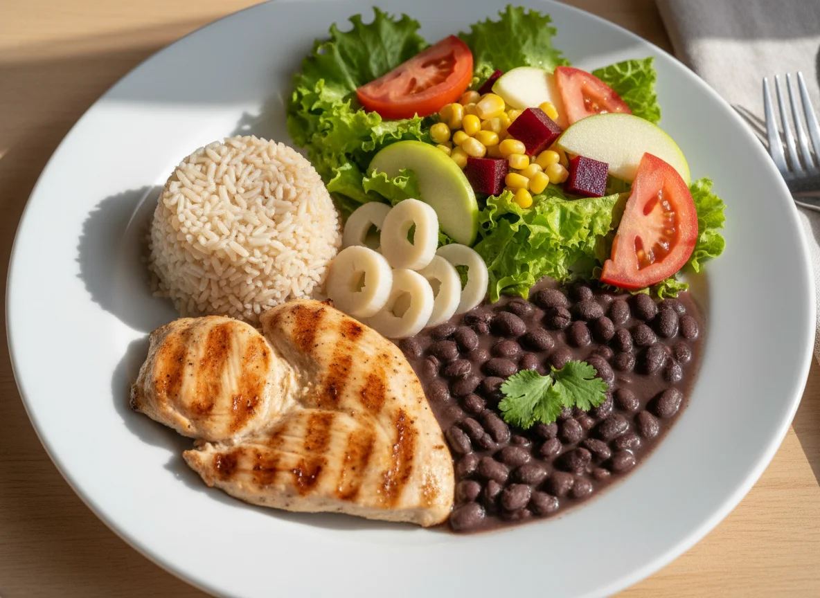 Prato feito com frango grelhado, arroz, feijão, salada e palmito photo