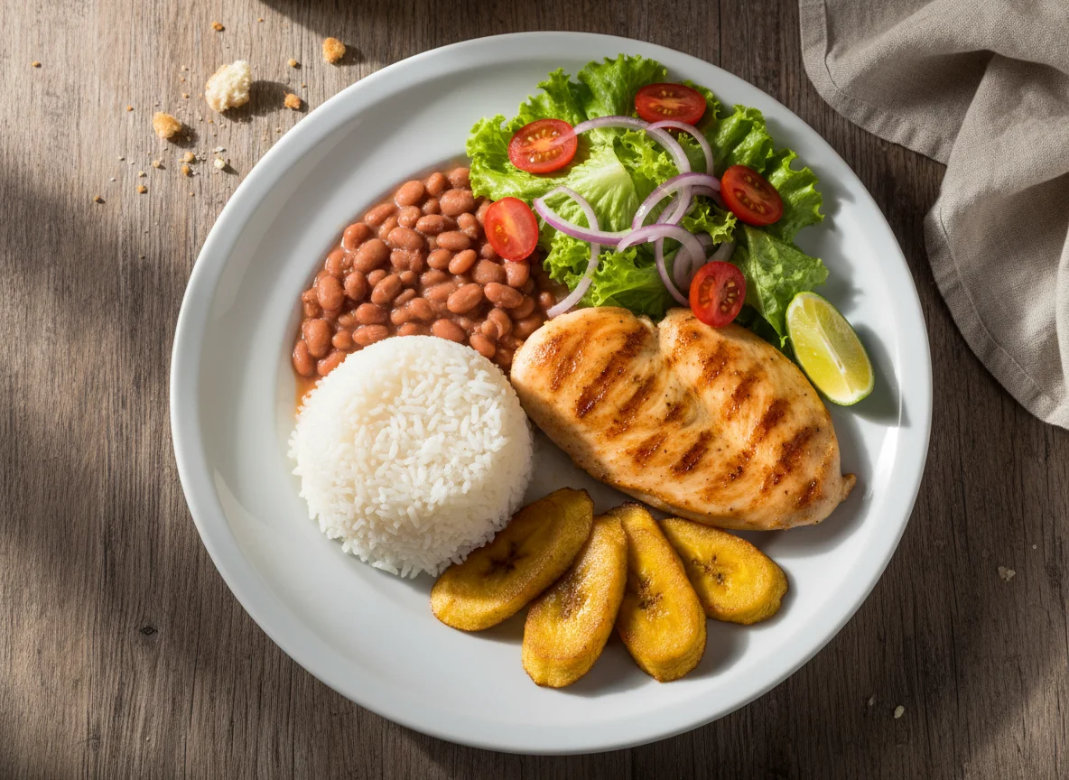 Prato feito com frango grelhado, arroz, feijão, salada e banana da terra frita photo