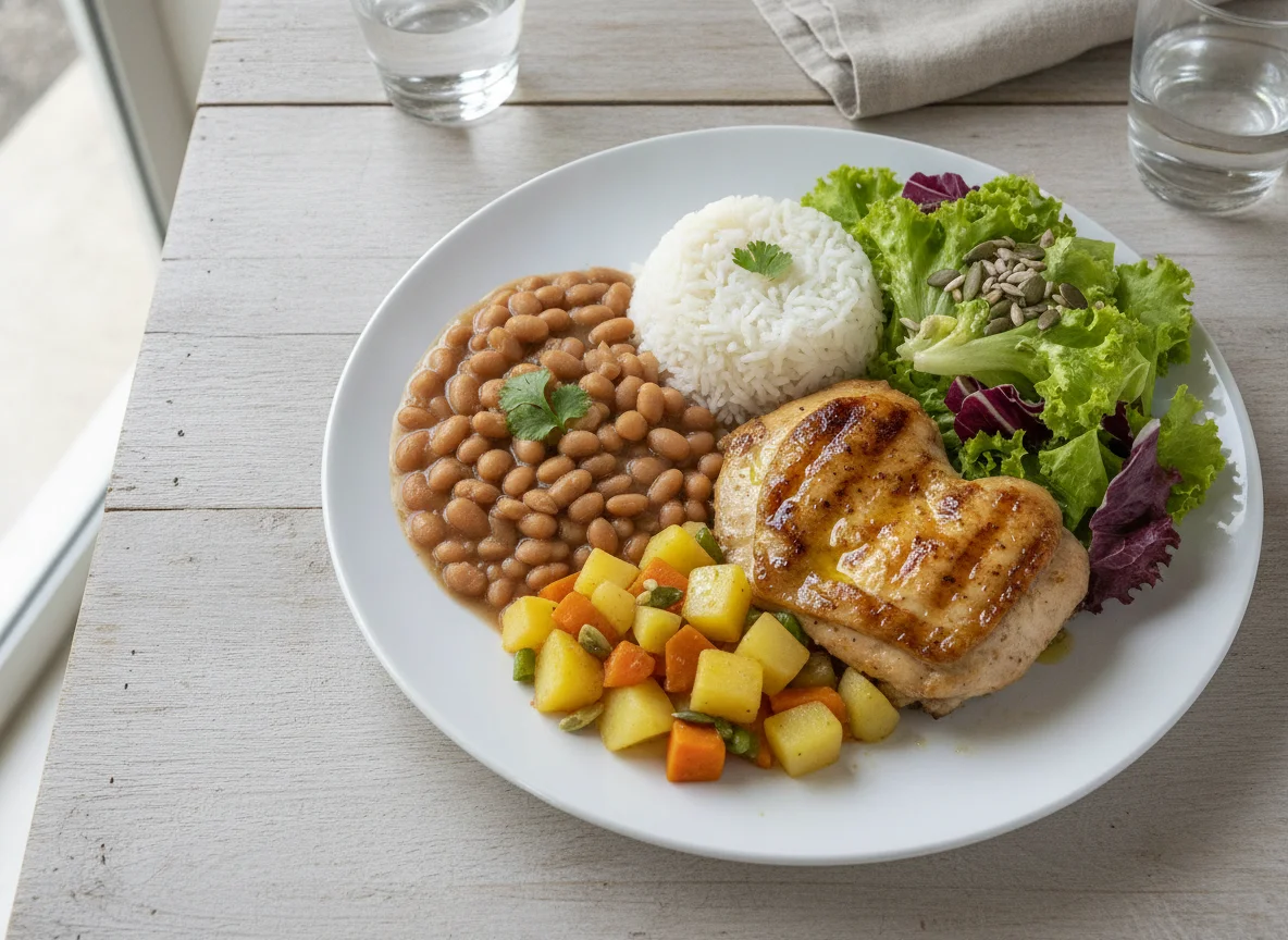 Prato feito com frango grelhado, arroz, feijão, salada e legumes photo
