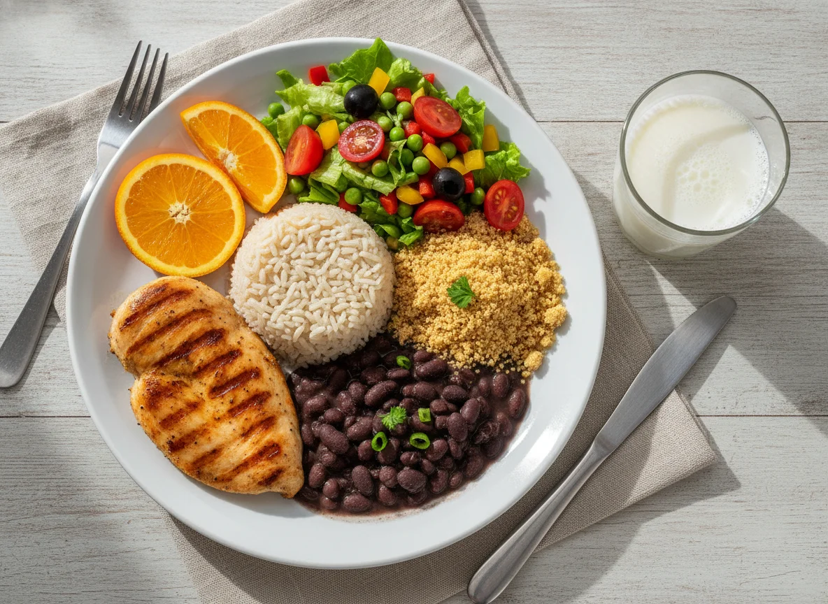 Prato feito com frango grelhado, arroz integral, feijão preto e salada photo