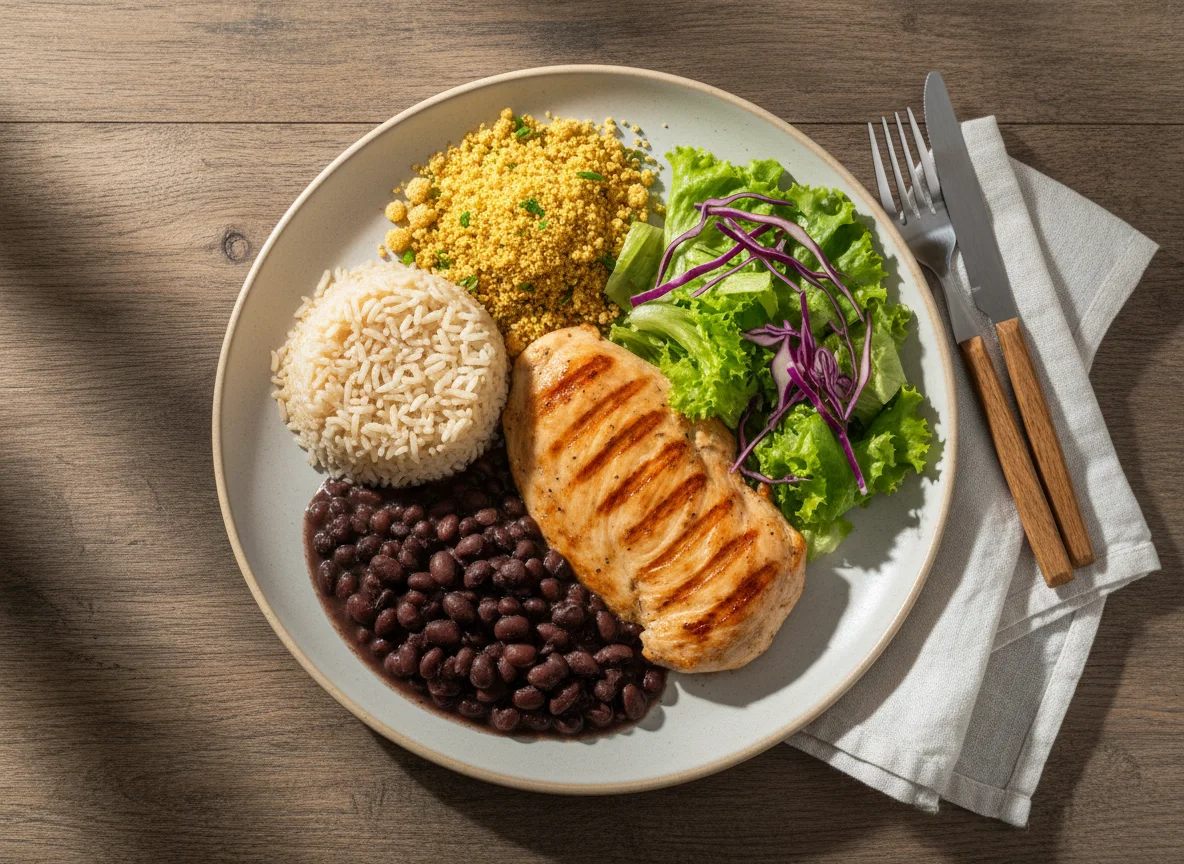 Prato feito com frango grelhado, arroz integral, feijão preto, farofa e salada photo