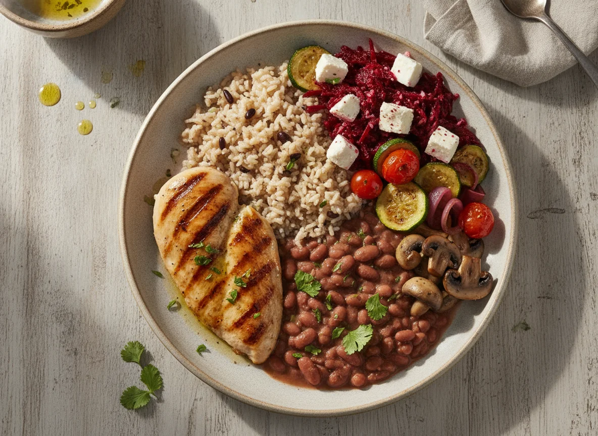 Prato feito com frango grelhado, arroz integral, feijão e saladas variadas photo