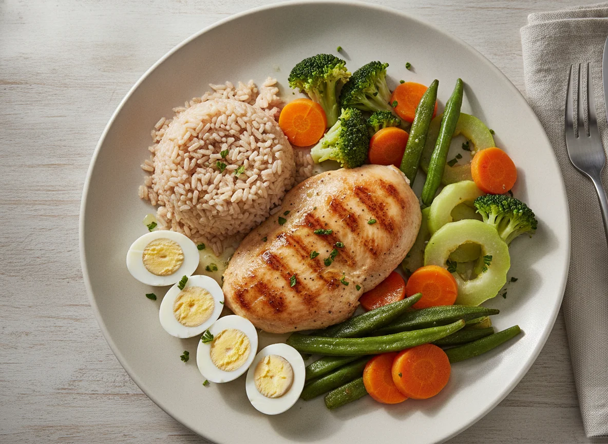 Prato feito com frango grelhado, arroz integral, ovos de codorna e legumes photo