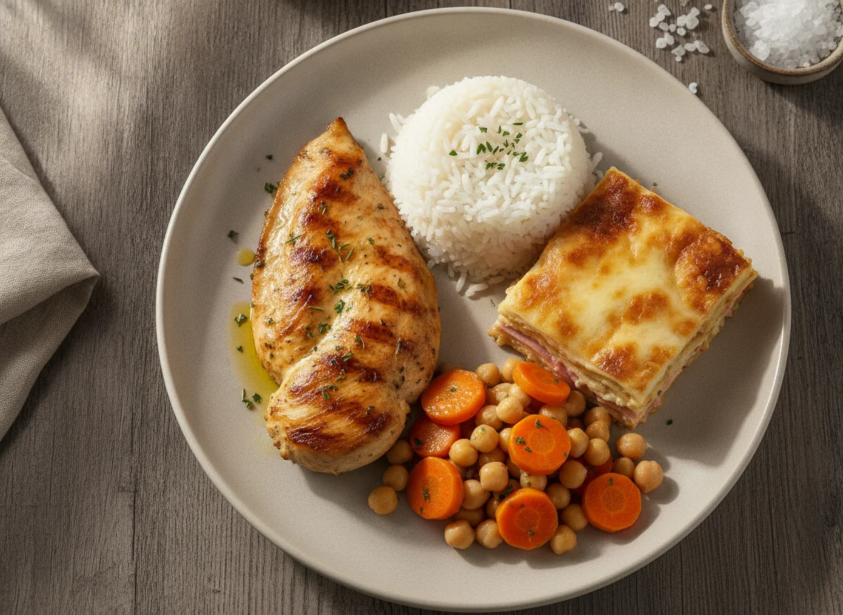 Prato Feito com Frango Grelhado, Arroz, Lasanha e Salada de Cenoura photo
