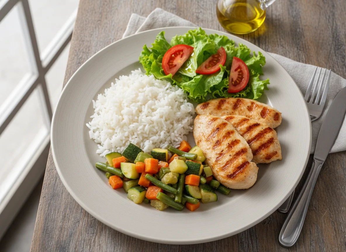 Prato feito com frango grelhado, arroz, legumes e salada photo