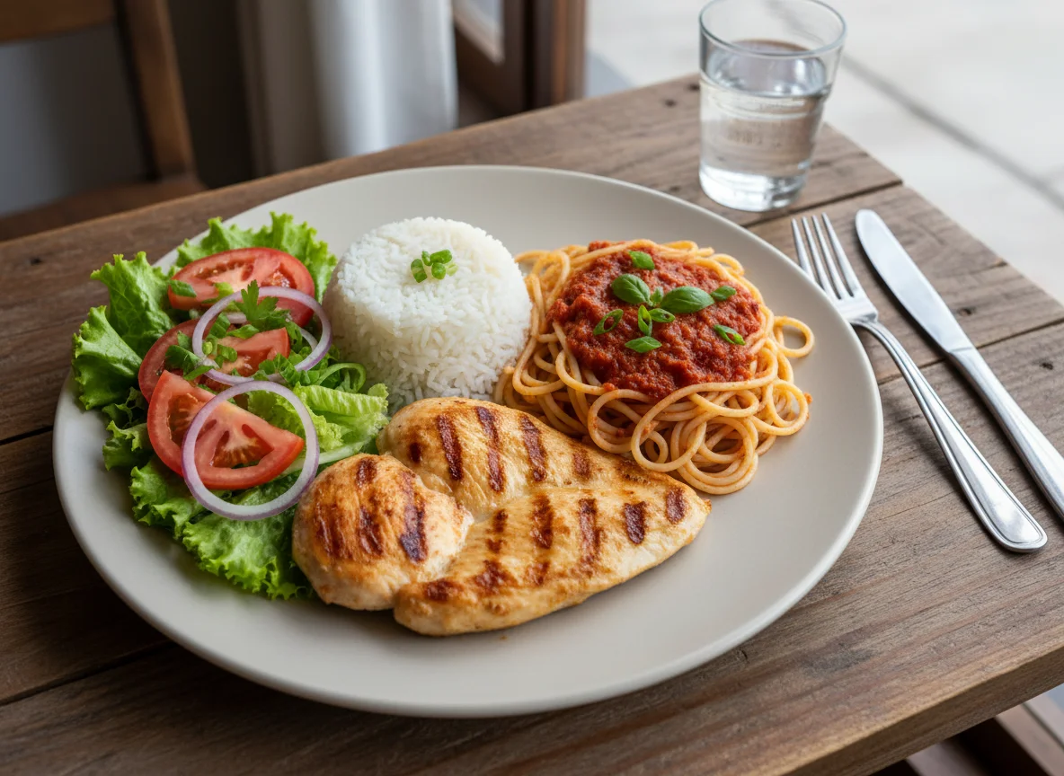 Prato feito com frango grelhado, arroz, macarrão e salada photo