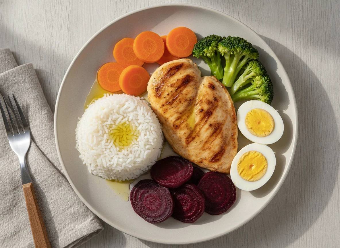 Prato feito com frango grelhado, arroz, ovo e legumes photo