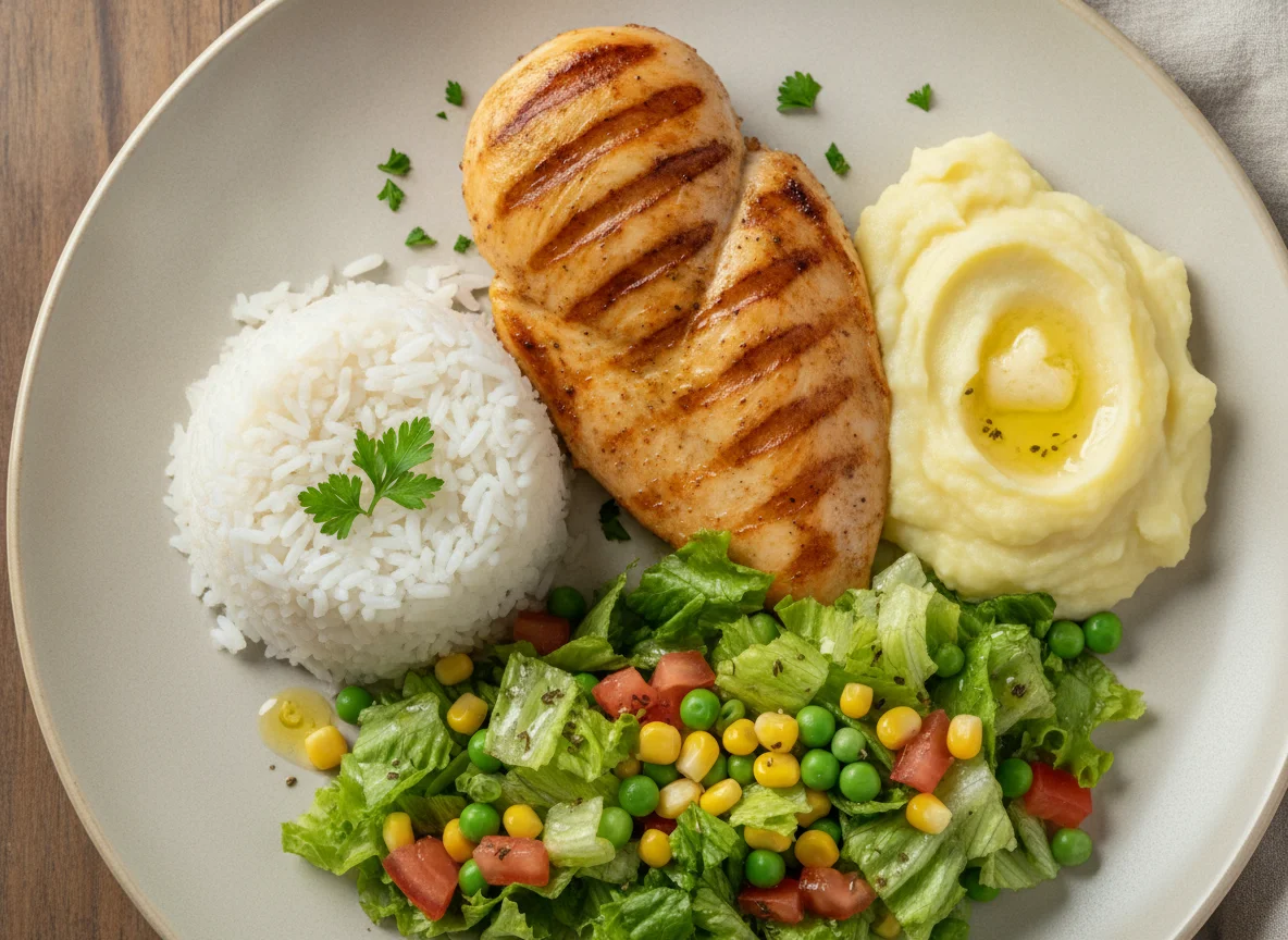 Prato Feito com Frango Grelhado, Arroz, Purê e Salada photo