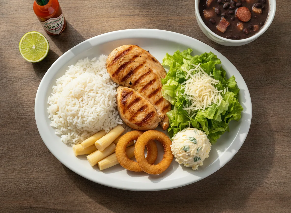 Prato feito com frango grelhado, arroz, salada e acompanhamentos photo