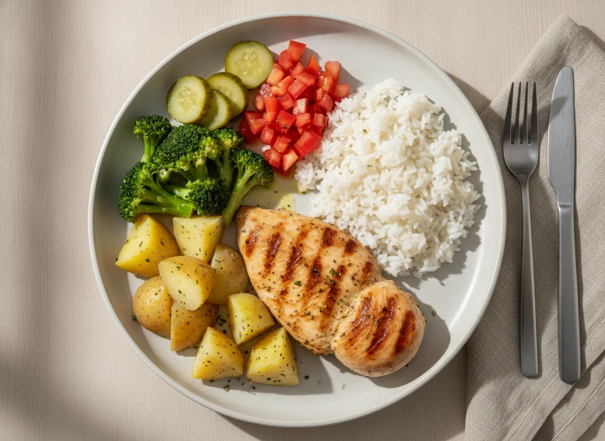 Prato feito com frango grelhado, batatas, arroz e vegetais photo