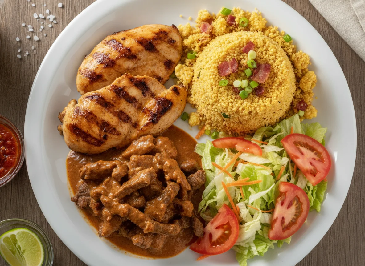 Prato feito com frango grelhado, carne ao molho, farofa e salada photo