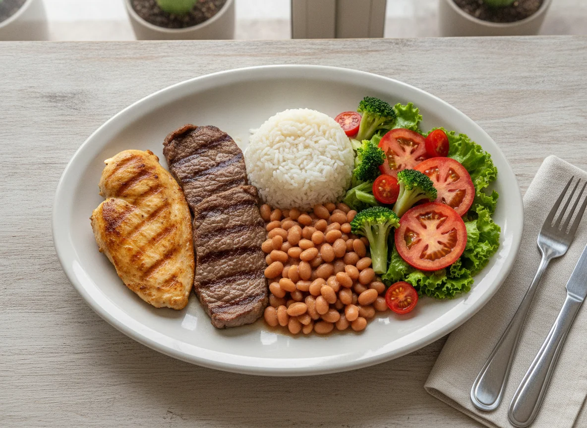 Prato feito com frango grelhado, carne, arroz, feijão e salada photo