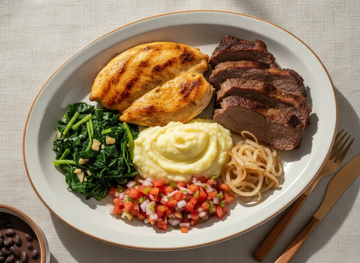 Prato feito com frango grelhado, carne assada, purê de batata e salada photo