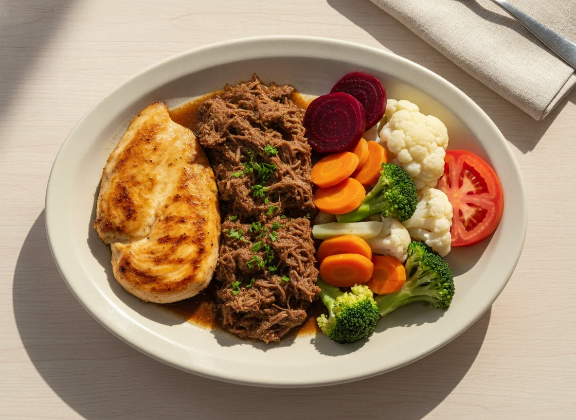 Prato feito com frango grelhado, carne e vegetais photo