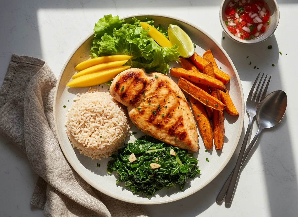 Prato feito com frango grelhado e acompanhamentos photo