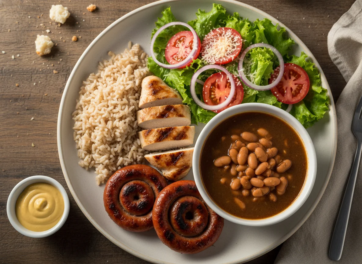 Prato feito com frango grelhado e linguiça photo