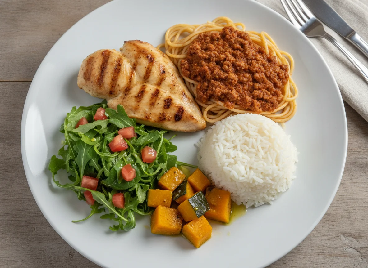 Prato feito com frango grelhado, espaguete à bolonhesa, arroz e salada photo