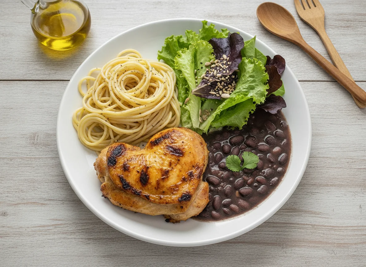 Prato feito com frango grelhado, espaguete, feijão preto e salada photo