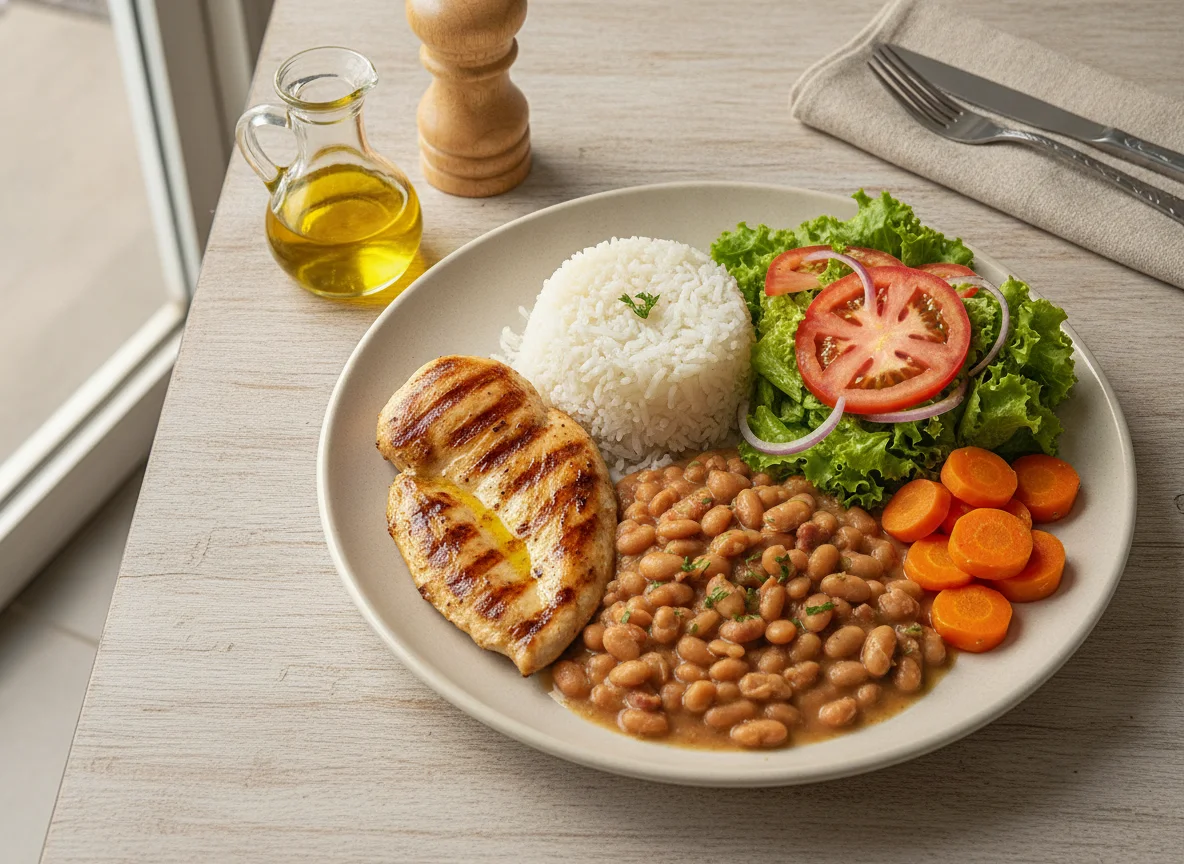 Prato feito com frango grelhado, feijão, arroz, cenoura e salada photo