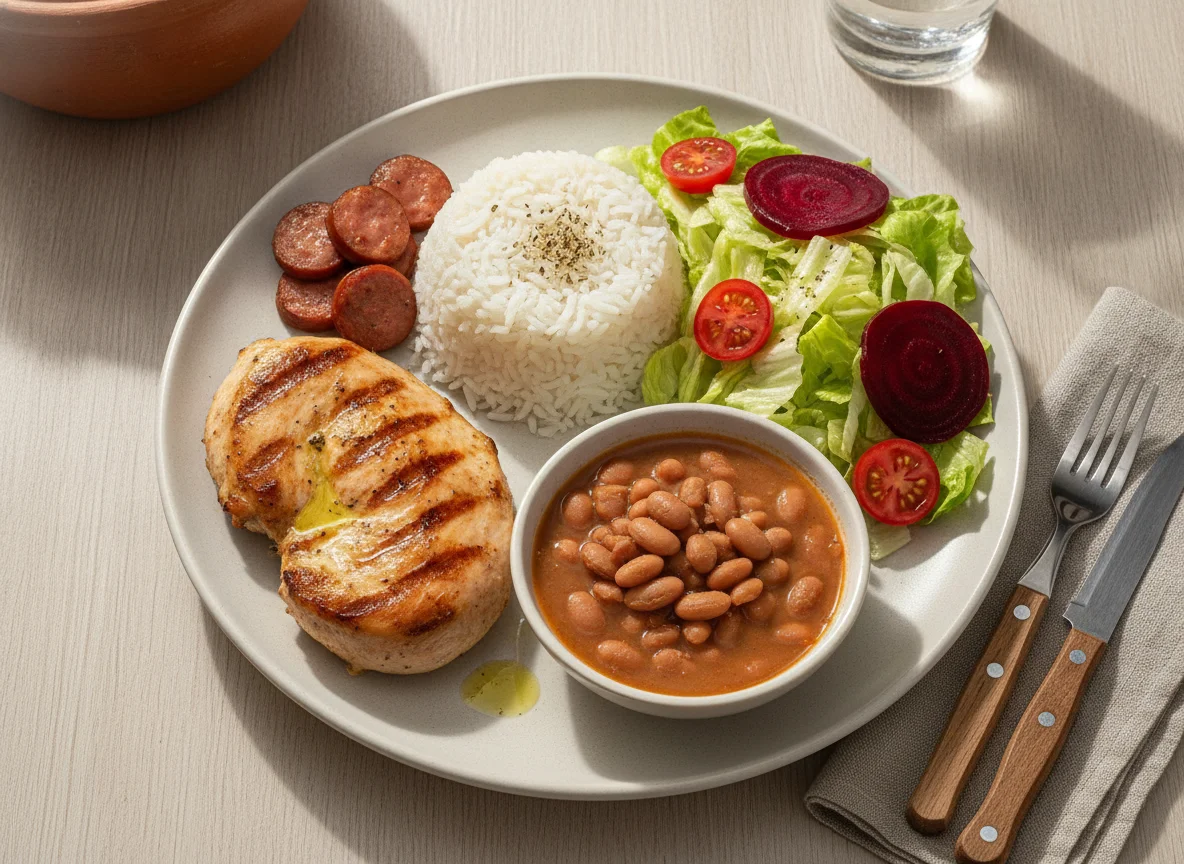 Prato feito com frango grelhado, feijão, arroz e salada photo