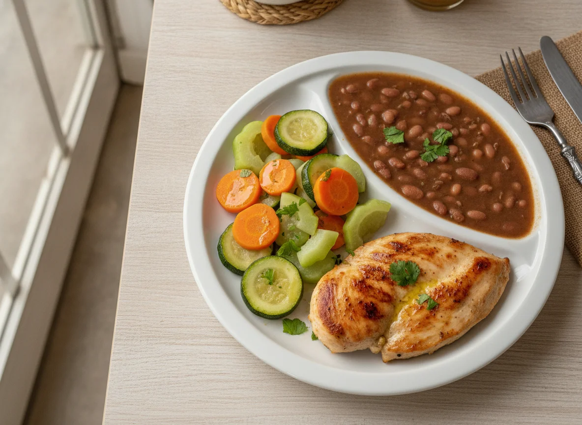 Prato feito com frango grelhado, feijão e legumes photo
