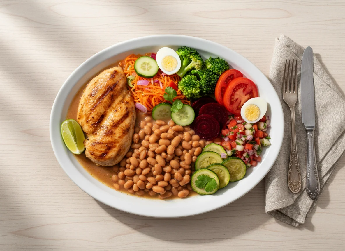 Prato feito com frango grelhado, feijão e salada variada photo