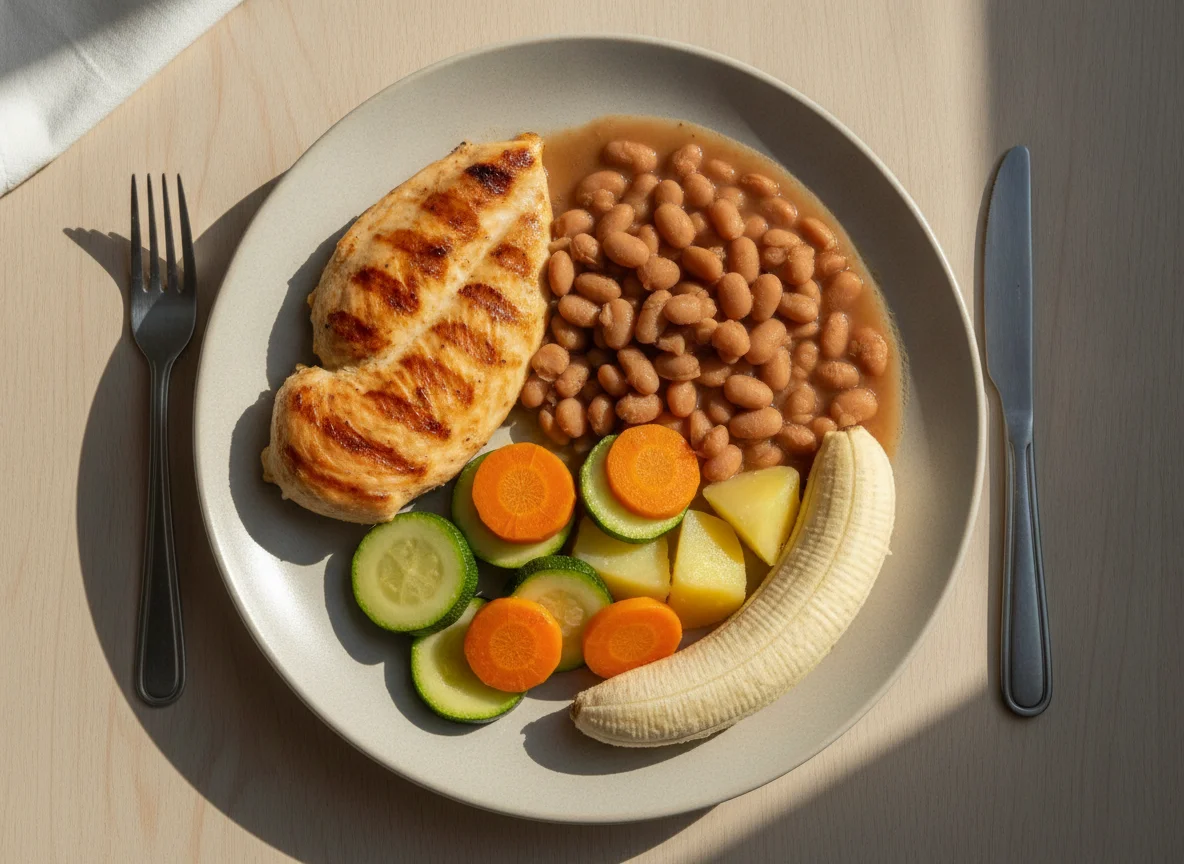 Prato feito com frango grelhado, feijão, legumes e banana photo